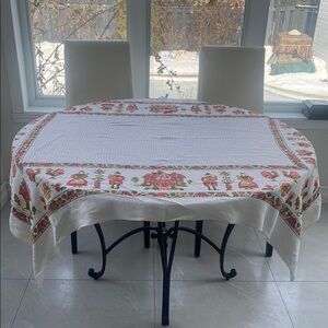 Linen Square VTG Dutch inspired Tablecloth w Red & Green Accents W 50” X L 64.5”